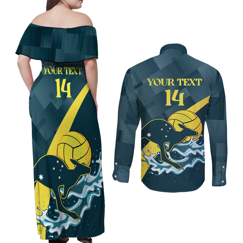 Custom Australia Water Polo 2024 Couples Matching Off Shoulder Maxi Dress and Long Sleeve Button Shirt Aussie Stingers Kangaroo Sporty Version