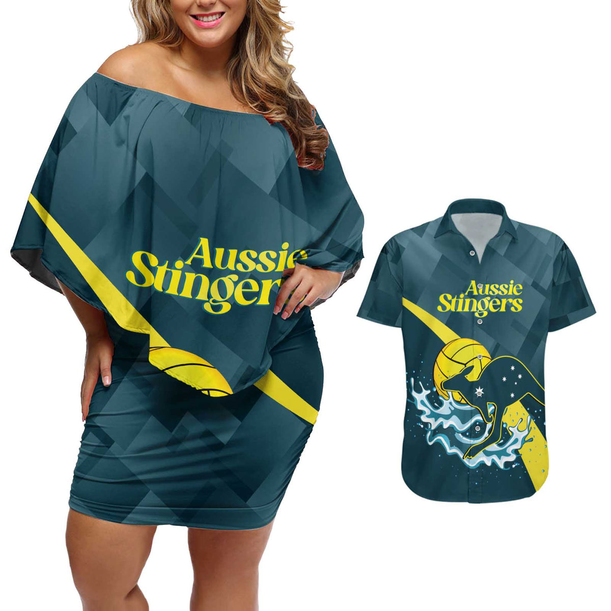 Custom Australia Water Polo 2024 Couples Matching Off Shoulder Short Dress and Hawaiian Shirt Aussie Stingers Kangaroo Sporty Version