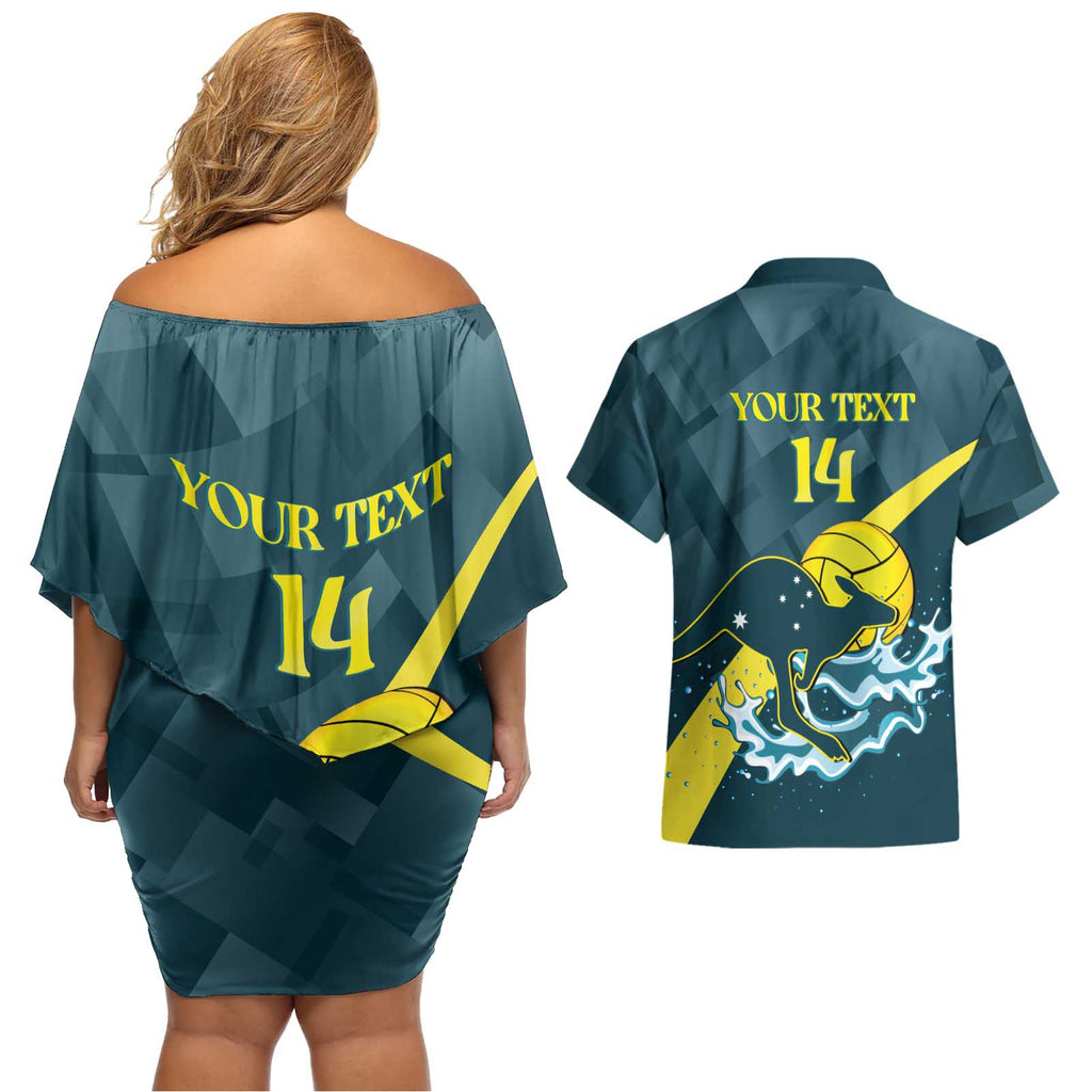 Custom Australia Water Polo 2024 Couples Matching Off Shoulder Short Dress and Hawaiian Shirt Aussie Stingers Kangaroo Sporty Version