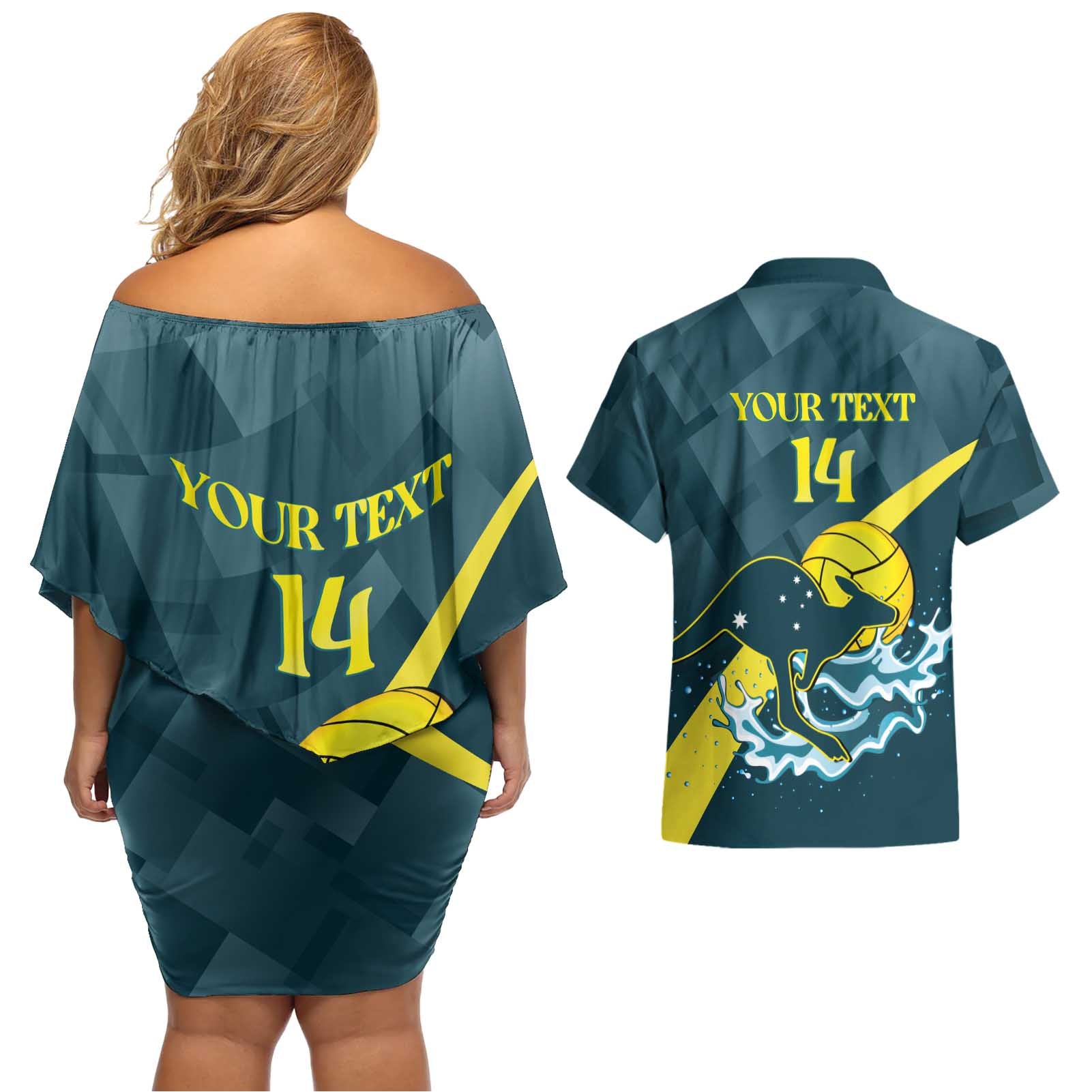 Custom Australia Water Polo 2024 Couples Matching Off Shoulder Short Dress and Hawaiian Shirt Aussie Stingers Kangaroo Sporty Version