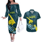 Custom Australia Water Polo 2024 Couples Matching Off The Shoulder Long Sleeve Dress and Hawaiian Shirt Aussie Stingers Kangaroo Sporty Version