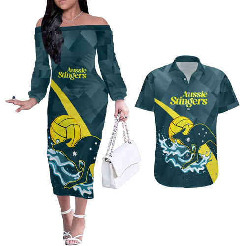 Custom Australia Water Polo 2024 Couples Matching Off The Shoulder Long Sleeve Dress and Hawaiian Shirt Aussie Stingers Kangaroo Sporty Version