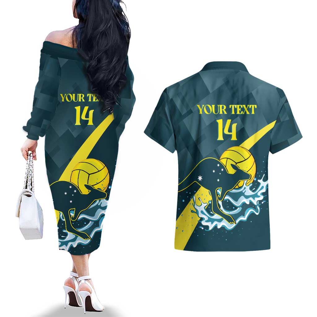Custom Australia Water Polo 2024 Couples Matching Off The Shoulder Long Sleeve Dress and Hawaiian Shirt Aussie Stingers Kangaroo Sporty Version