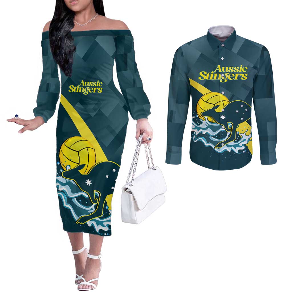 Custom Australia Water Polo 2024 Couples Matching Off The Shoulder Long Sleeve Dress and Long Sleeve Button Shirt Aussie Stingers Kangaroo Sporty Version