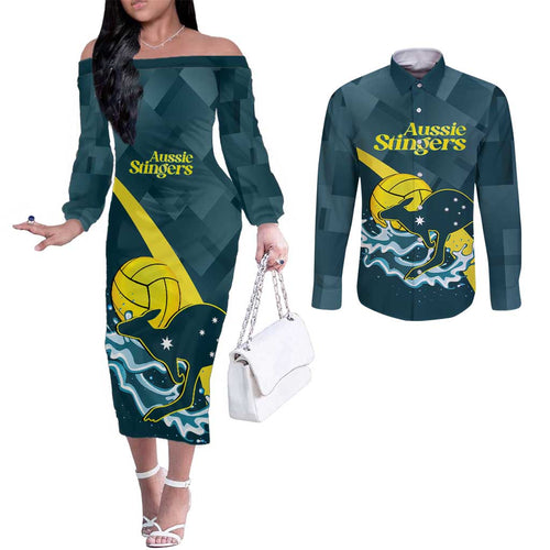 Custom Australia Water Polo 2024 Couples Matching Off The Shoulder Long Sleeve Dress and Long Sleeve Button Shirt Aussie Stingers Kangaroo Sporty Version