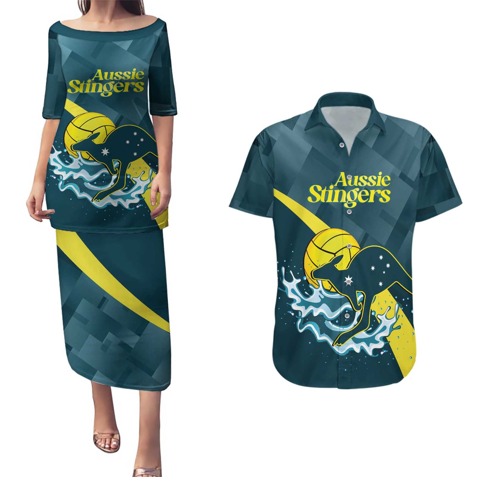 Custom Australia Water Polo 2024 Couples Matching Puletasi and Hawaiian Shirt Aussie Stingers Kangaroo Sporty Version