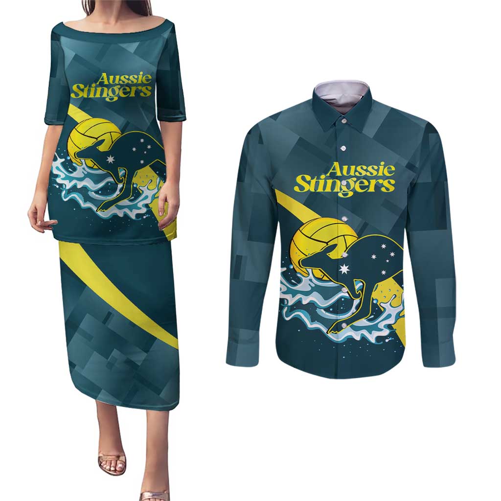 Custom Australia Water Polo 2024 Couples Matching Puletasi and Long Sleeve Button Shirt Aussie Stingers Kangaroo Sporty Version