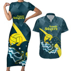 Custom Australia Water Polo 2024 Couples Matching Short Sleeve Bodycon Dress and Hawaiian Shirt Aussie Stingers Kangaroo Sporty Version