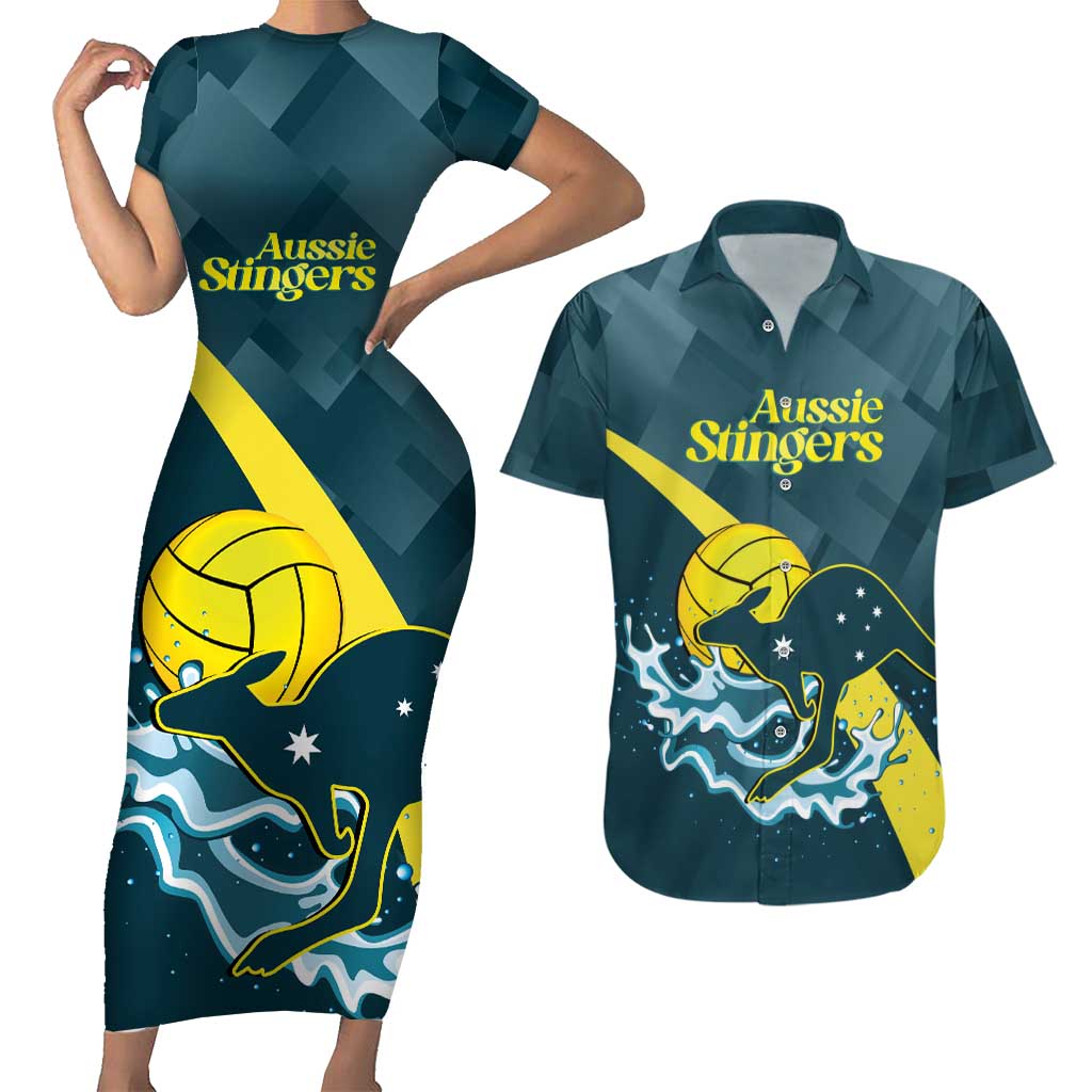 Custom Australia Water Polo 2024 Couples Matching Short Sleeve Bodycon Dress and Hawaiian Shirt Aussie Stingers Kangaroo Sporty Version