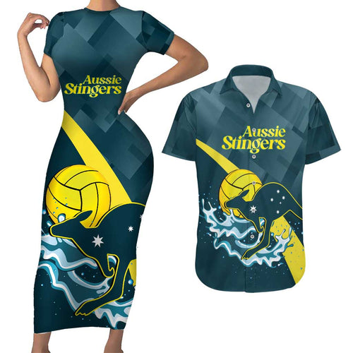 Custom Australia Water Polo 2024 Couples Matching Short Sleeve Bodycon Dress and Hawaiian Shirt Aussie Stingers Kangaroo Sporty Version