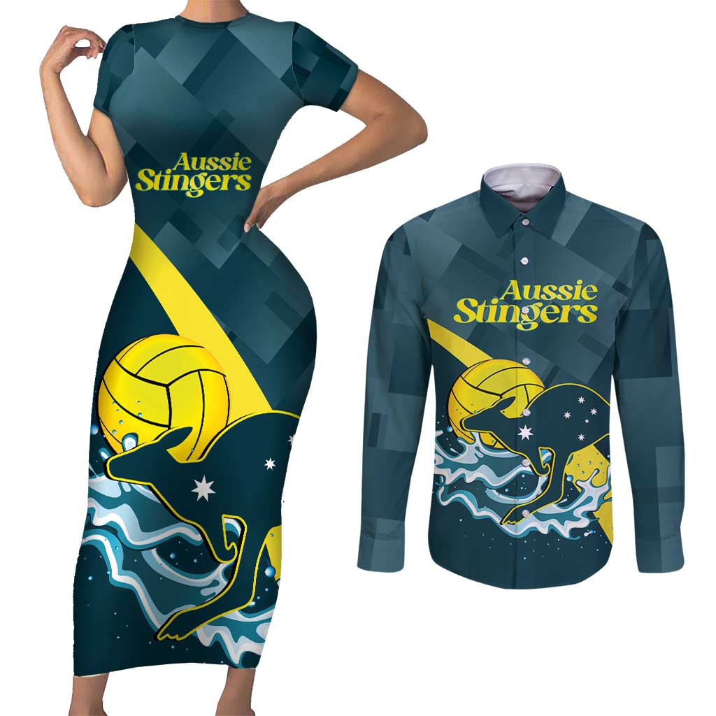 Custom Australia Water Polo 2024 Couples Matching Short Sleeve Bodycon Dress and Long Sleeve Button Shirt Aussie Stingers Kangaroo Sporty Version