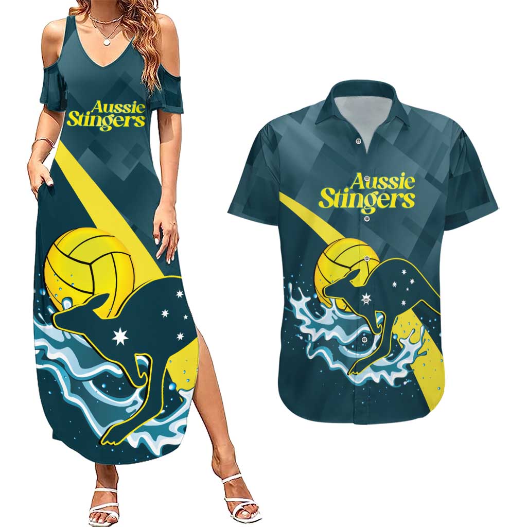 Custom Australia Water Polo 2024 Couples Matching Summer Maxi Dress and Hawaiian Shirt Aussie Stingers Kangaroo Sporty Version