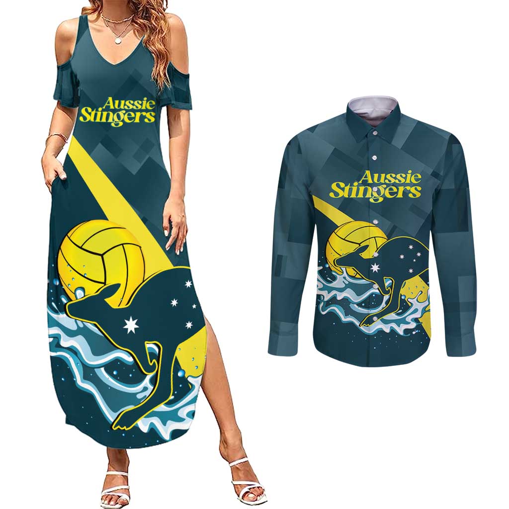 Custom Australia Water Polo 2024 Couples Matching Summer Maxi Dress and Long Sleeve Button Shirt Aussie Stingers Kangaroo Sporty Version