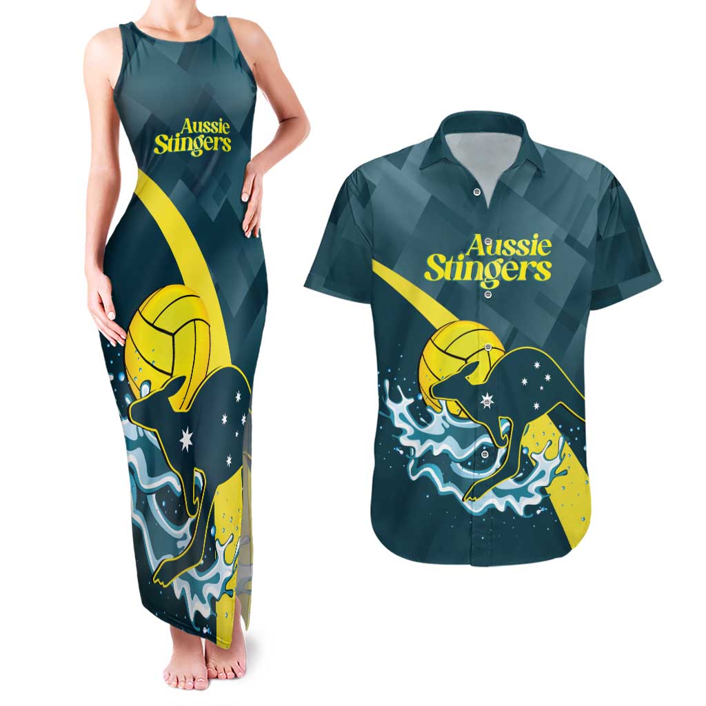 Custom Australia Water Polo 2024 Couples Matching Tank Maxi Dress and Hawaiian Shirt Aussie Stingers Kangaroo Sporty Version