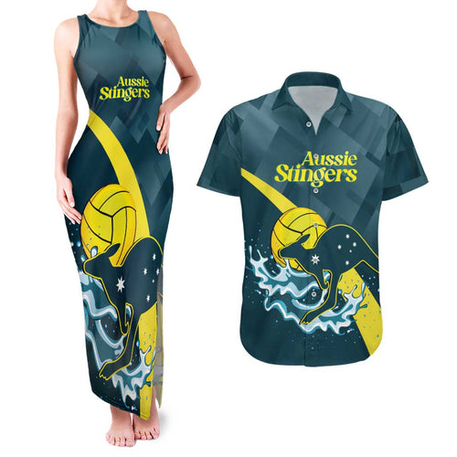 Custom Australia Water Polo 2024 Couples Matching Tank Maxi Dress and Hawaiian Shirt Aussie Stingers Kangaroo Sporty Version