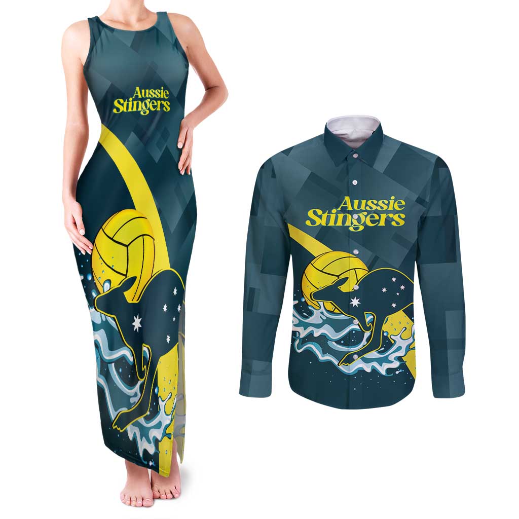 Custom Australia Water Polo 2024 Couples Matching Tank Maxi Dress and Long Sleeve Button Shirt Aussie Stingers Kangaroo Sporty Version