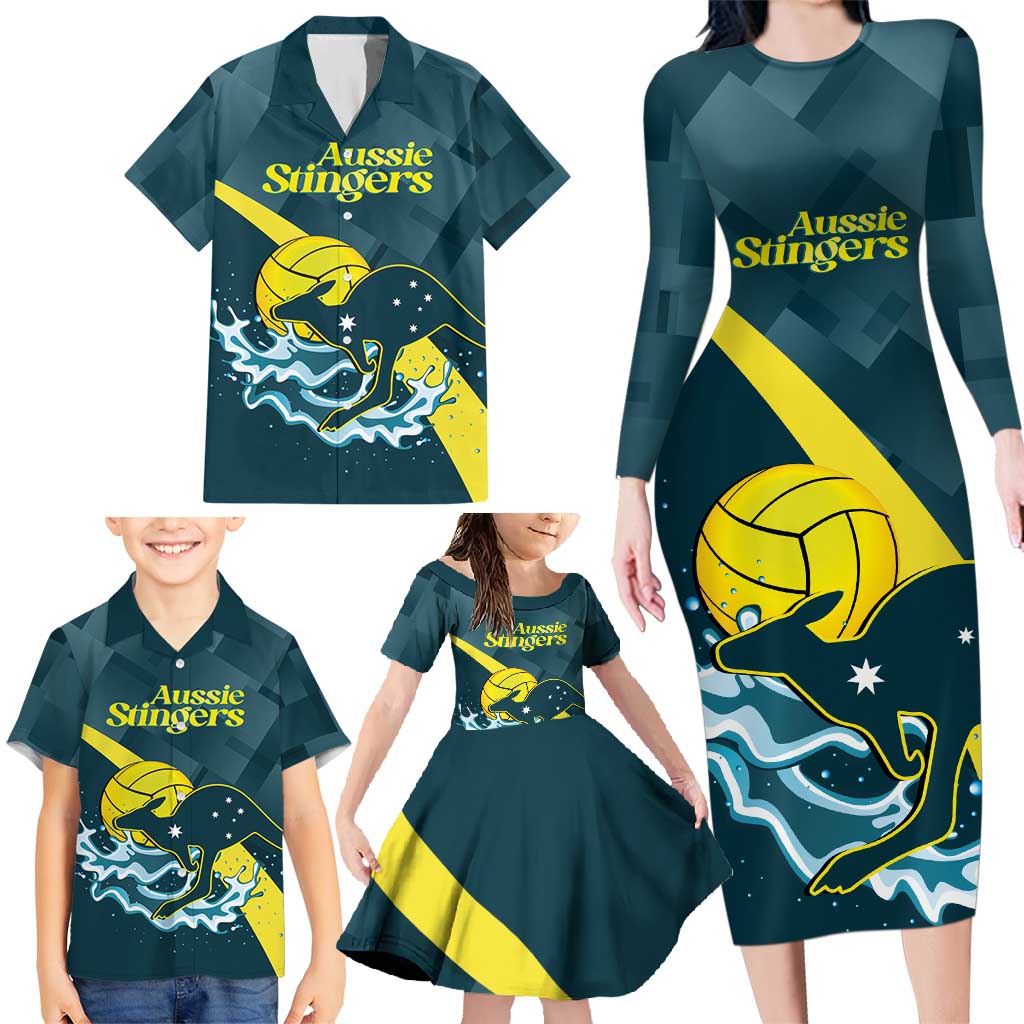 Custom Australia Water Polo 2024 Family Matching Long Sleeve Bodycon Dress and Hawaiian Shirt Aussie Stingers Kangaroo Sporty Version