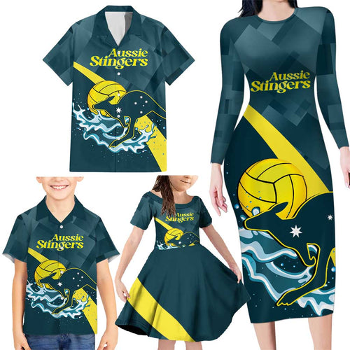 Custom Australia Water Polo 2024 Family Matching Long Sleeve Bodycon Dress and Hawaiian Shirt Aussie Stingers Kangaroo Sporty Version