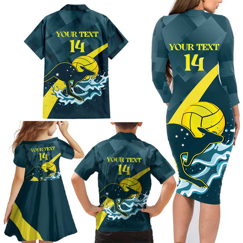 Custom Australia Water Polo 2024 Family Matching Long Sleeve Bodycon Dress and Hawaiian Shirt Aussie Stingers Kangaroo Sporty Version