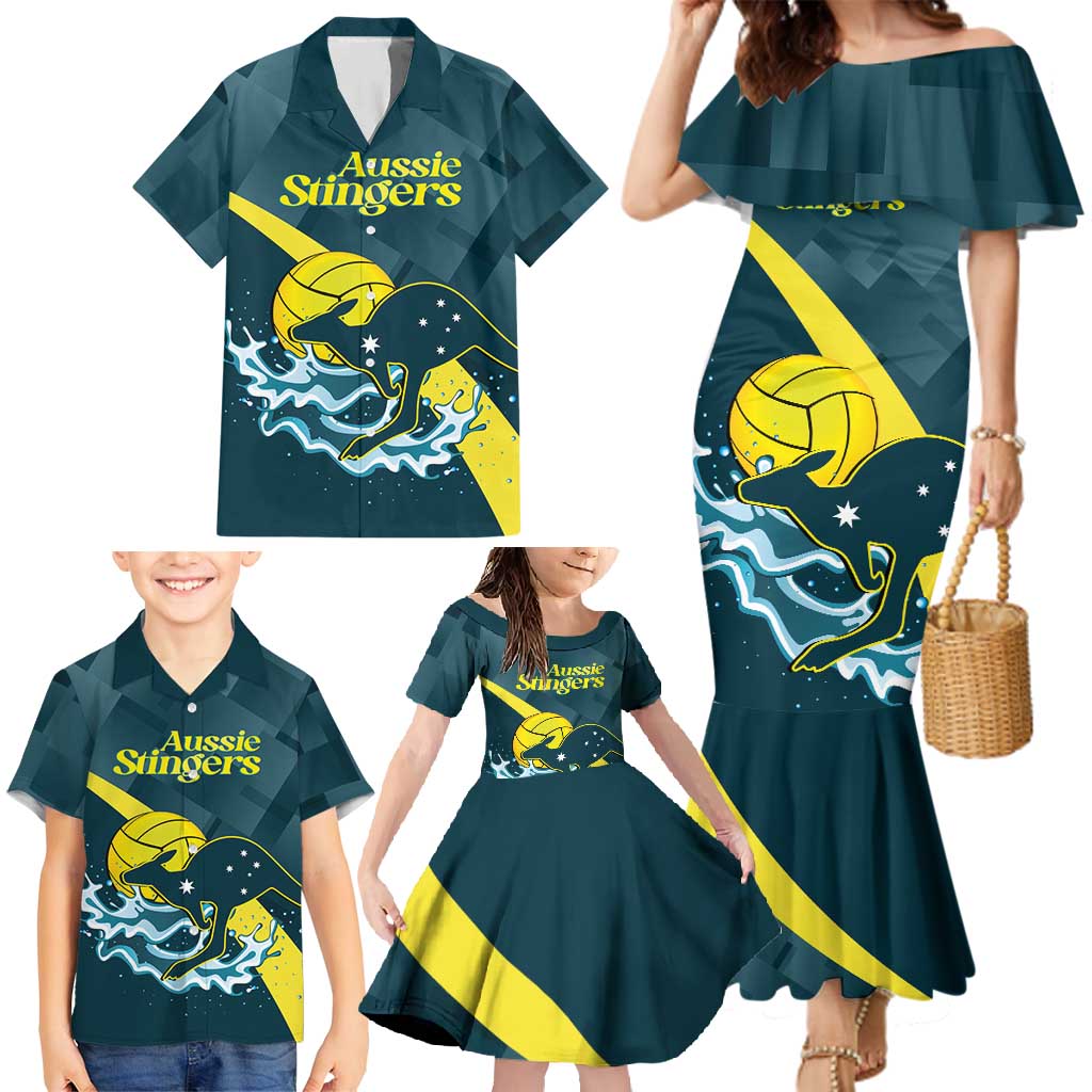Custom Australia Water Polo 2024 Family Matching Mermaid Dress and Hawaiian Shirt Aussie Stingers Kangaroo Sporty Version