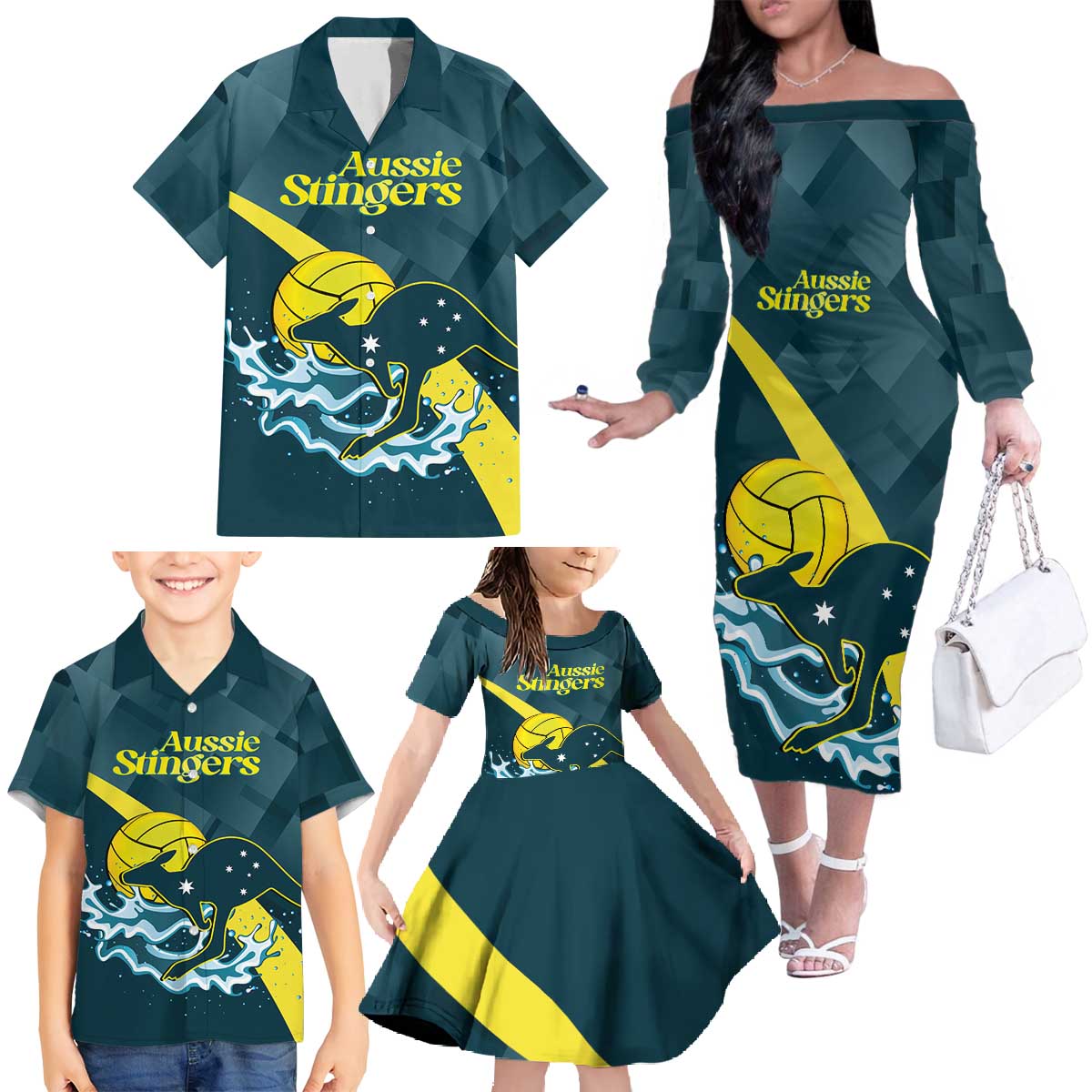 Custom Australia Water Polo 2024 Family Matching Off The Shoulder Long Sleeve Dress and Hawaiian Shirt Aussie Stingers Kangaroo Sporty Version