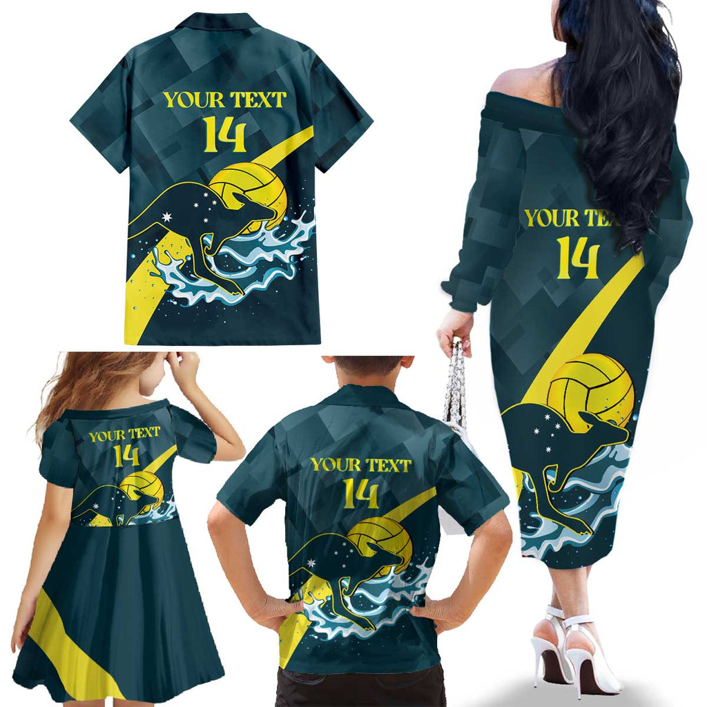 Custom Australia Water Polo 2024 Family Matching Off The Shoulder Long Sleeve Dress and Hawaiian Shirt Aussie Stingers Kangaroo Sporty Version