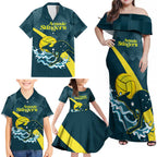 Custom Australia Water Polo 2024 Family Matching Off Shoulder Maxi Dress and Hawaiian Shirt Aussie Stingers Kangaroo Sporty Version