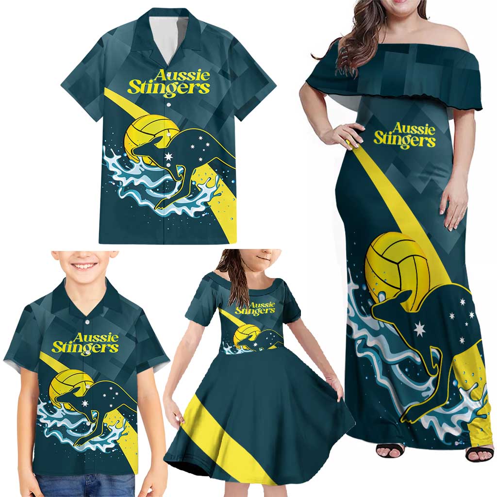 Custom Australia Water Polo 2024 Family Matching Off Shoulder Maxi Dress and Hawaiian Shirt Aussie Stingers Kangaroo Sporty Version