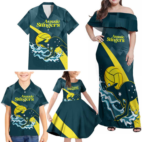 Custom Australia Water Polo 2024 Family Matching Off Shoulder Maxi Dress and Hawaiian Shirt Aussie Stingers Kangaroo Sporty Version
