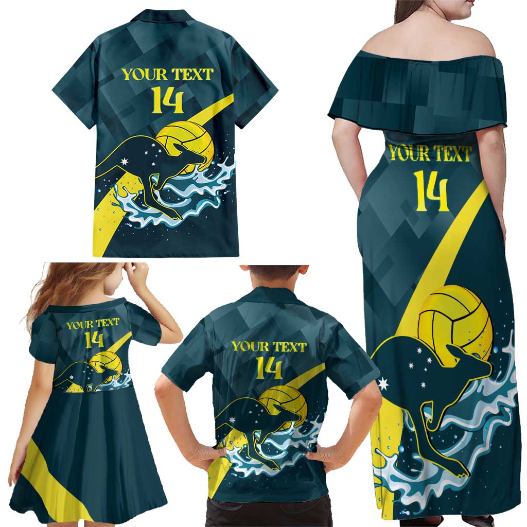 Custom Australia Water Polo 2024 Family Matching Off Shoulder Maxi Dress and Hawaiian Shirt Aussie Stingers Kangaroo Sporty Version