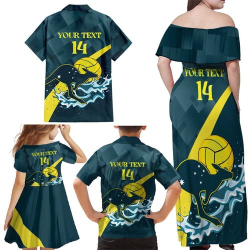 Custom Australia Water Polo 2024 Family Matching Off Shoulder Maxi Dress and Hawaiian Shirt Aussie Stingers Kangaroo Sporty Version