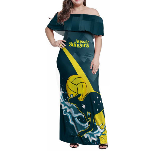 Custom Australia Water Polo 2024 Family Matching Off Shoulder Maxi Dress and Hawaiian Shirt Aussie Stingers Kangaroo Sporty Version