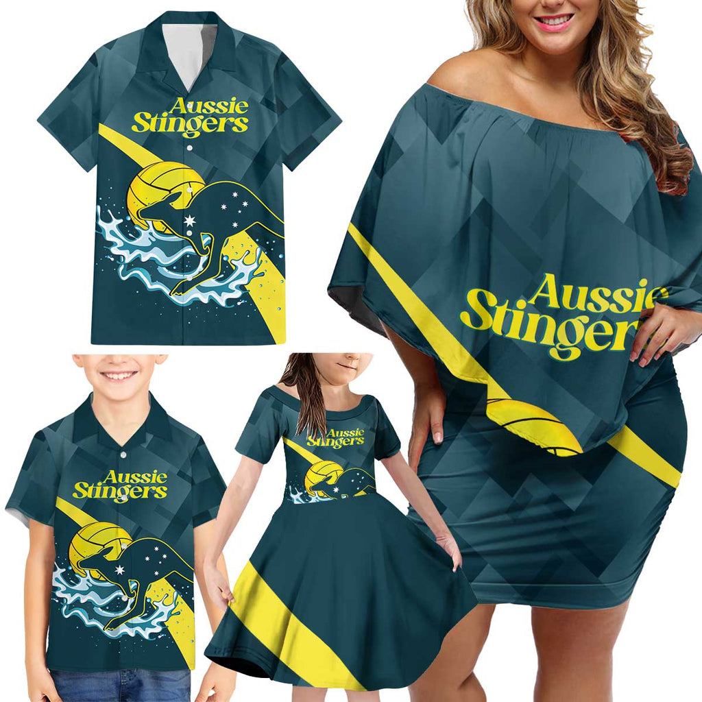 Custom Australia Water Polo 2024 Family Matching Off Shoulder Short Dress and Hawaiian Shirt Aussie Stingers Kangaroo Sporty Version