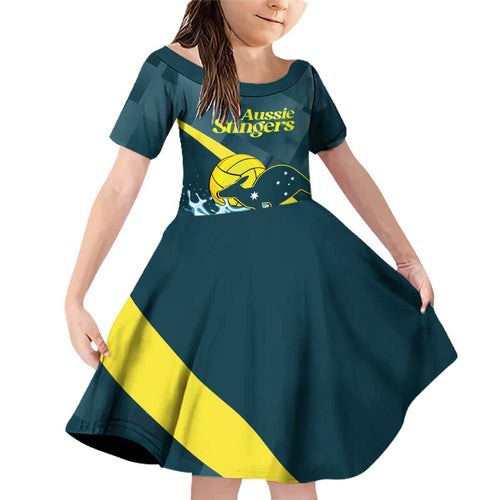 Custom Australia Water Polo 2024 Family Matching Off Shoulder Short Dress and Hawaiian Shirt Aussie Stingers Kangaroo Sporty Version