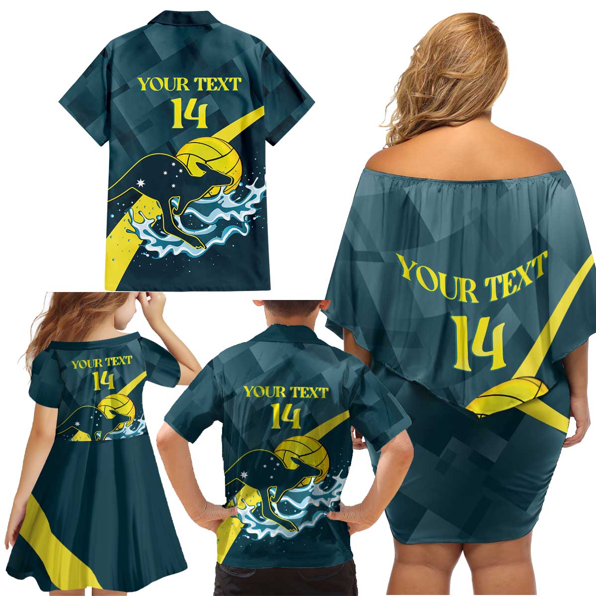 Custom Australia Water Polo 2024 Family Matching Off Shoulder Short Dress and Hawaiian Shirt Aussie Stingers Kangaroo Sporty Version