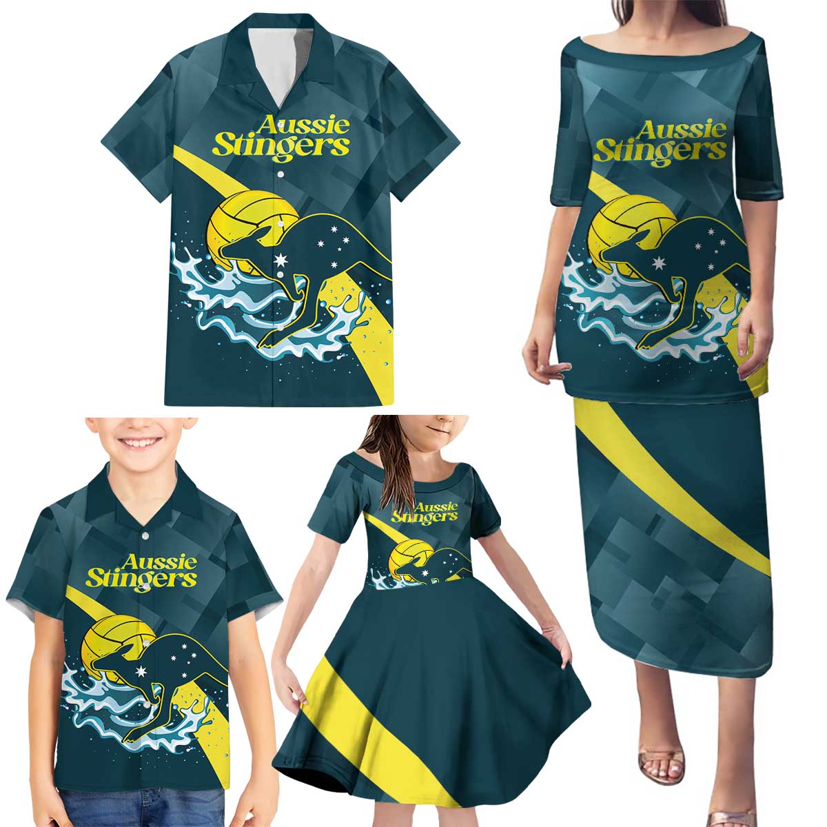 Custom Australia Water Polo 2024 Family Matching Puletasi and Hawaiian Shirt Aussie Stingers Kangaroo Sporty Version