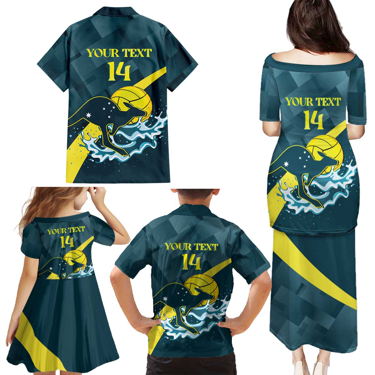 Custom Australia Water Polo 2024 Family Matching Puletasi and Hawaiian Shirt Aussie Stingers Kangaroo Sporty Version