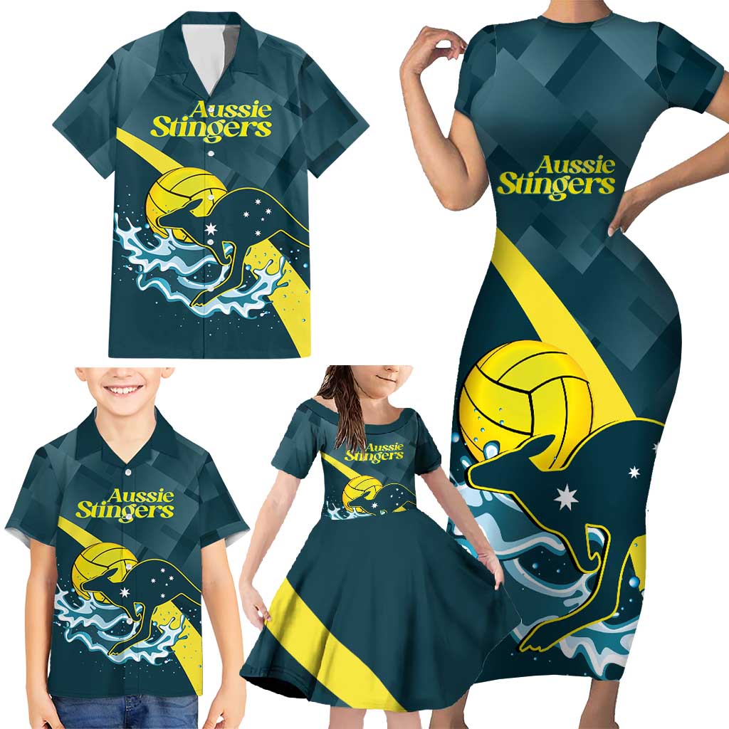 Custom Australia Water Polo 2024 Family Matching Short Sleeve Bodycon Dress and Hawaiian Shirt Aussie Stingers Kangaroo Sporty Version