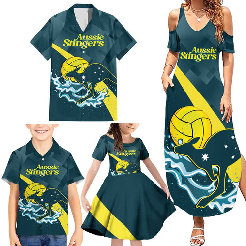 Custom Australia Water Polo 2024 Family Matching Summer Maxi Dress and Hawaiian Shirt Aussie Stingers Kangaroo Sporty Version
