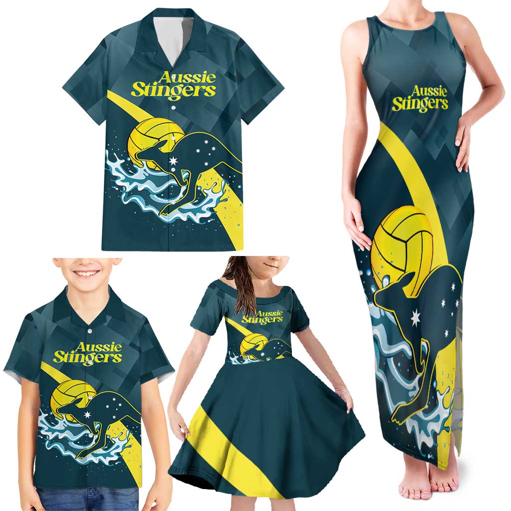 Custom Australia Water Polo 2024 Family Matching Tank Maxi Dress and Hawaiian Shirt Aussie Stingers Kangaroo Sporty Version