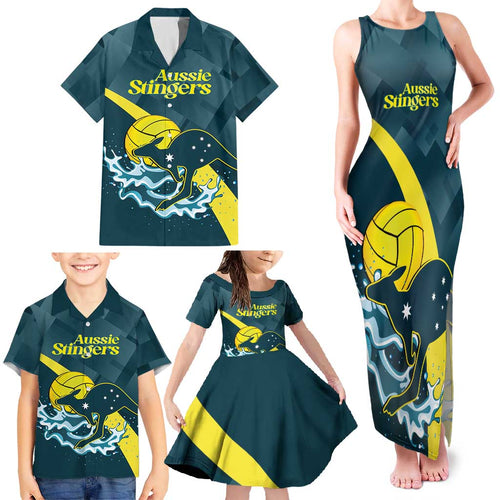 Custom Australia Water Polo 2024 Family Matching Tank Maxi Dress and Hawaiian Shirt Aussie Stingers Kangaroo Sporty Version