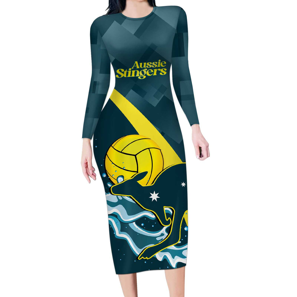Custom Australia Water Polo 2024 Long Sleeve Bodycon Dress Aussie Stingers Kangaroo Sporty Version