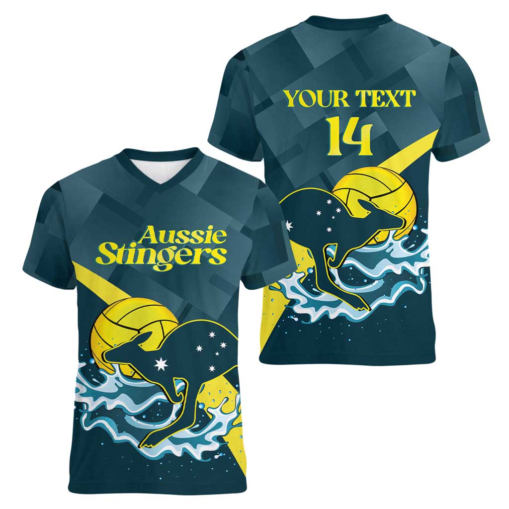 Custom Australia Water Polo 2024 Women V-Neck T-Shirt Aussie Stingers Kangaroo Sporty Version