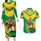 Personalised Australia Boxing Kangaroo Couples Matching Long Sleeve Bodycon Dress and Hawaiian Shirt Aussie Pride National Color