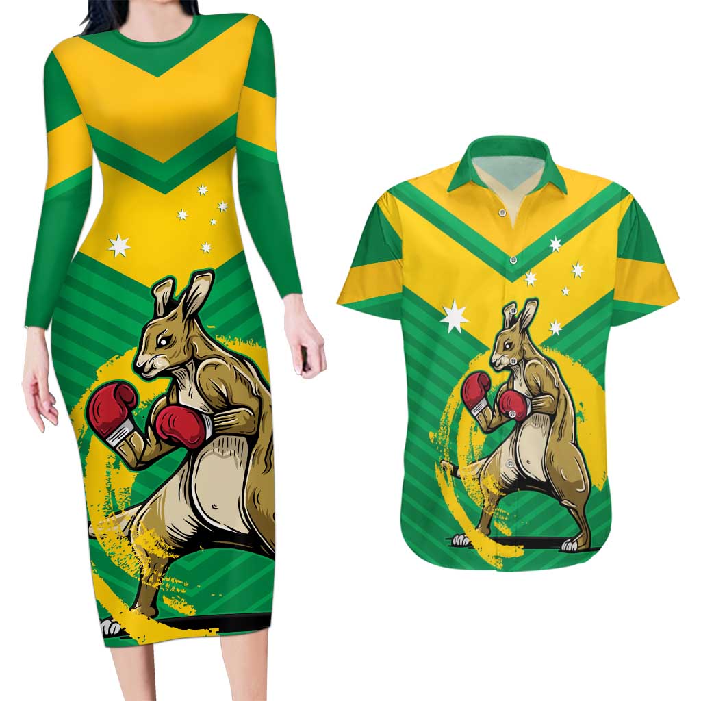 Personalised Australia Boxing Kangaroo Couples Matching Long Sleeve Bodycon Dress and Hawaiian Shirt Aussie Pride National Color