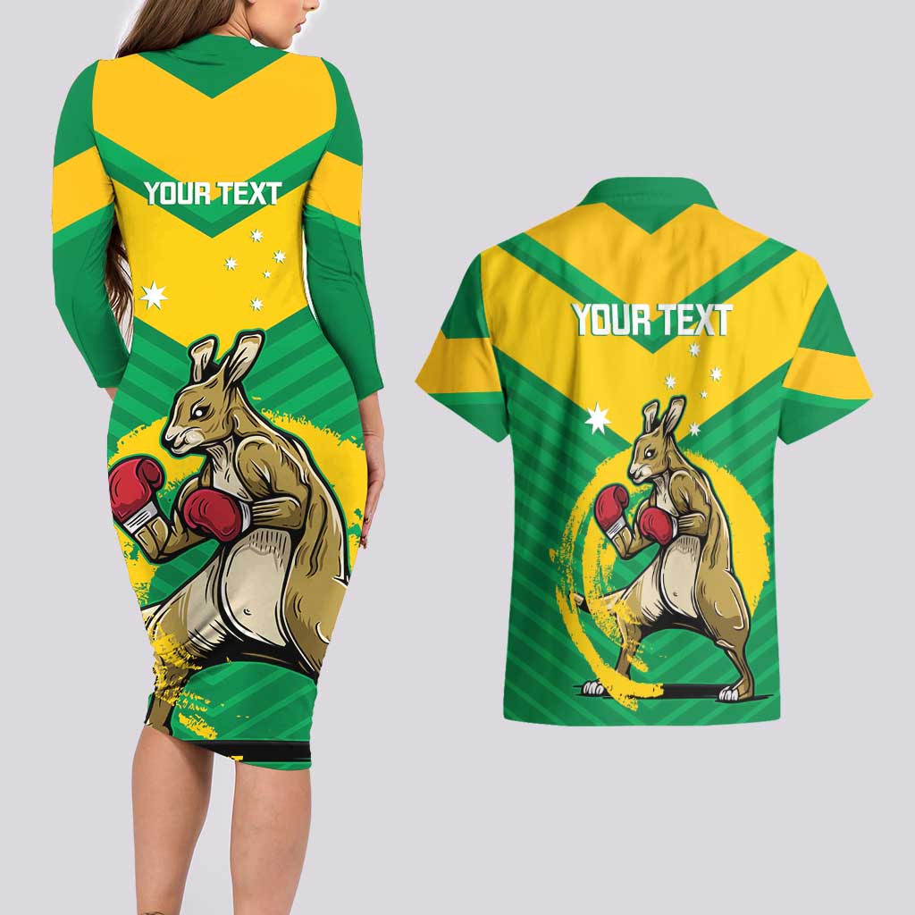 Personalised Australia Boxing Kangaroo Couples Matching Long Sleeve Bodycon Dress and Hawaiian Shirt Aussie Pride National Color
