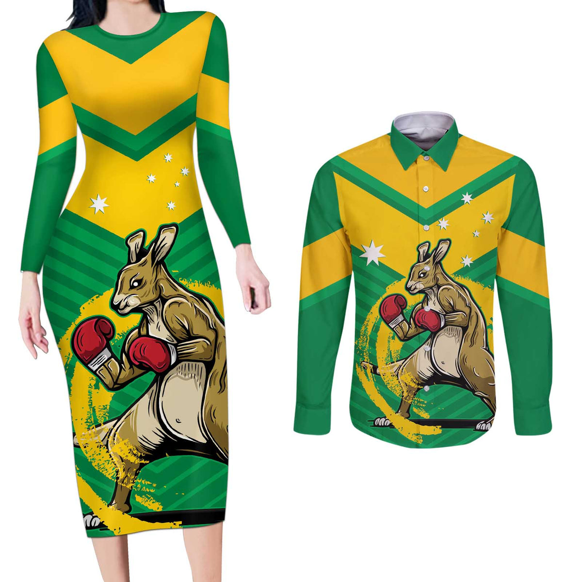 Personalised Australia Boxing Kangaroo Couples Matching Long Sleeve Bodycon Dress and Long Sleeve Button Shirt Aussie Pride National Color