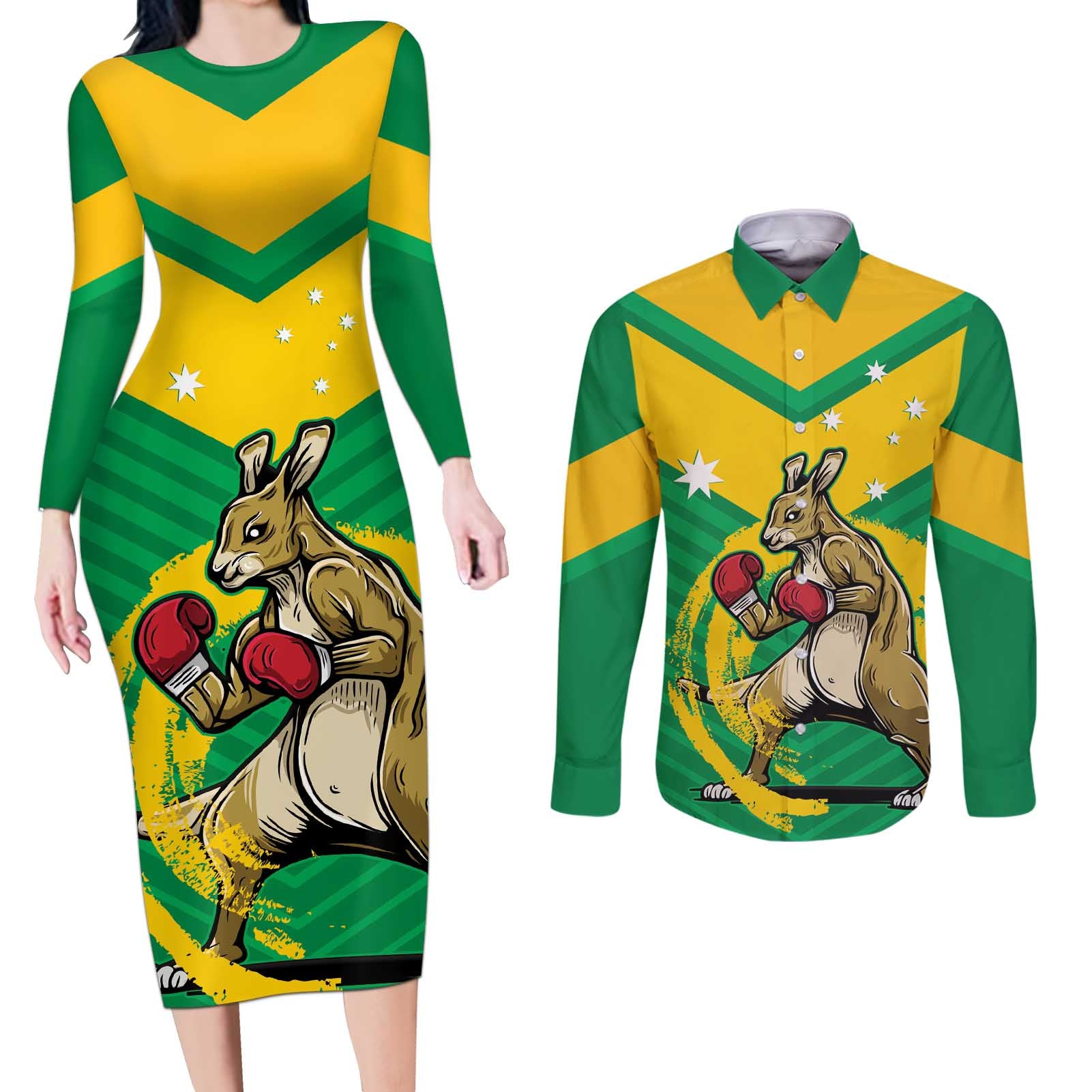 Personalised Australia Boxing Kangaroo Couples Matching Long Sleeve Bodycon Dress and Long Sleeve Button Shirt Aussie Pride National Color
