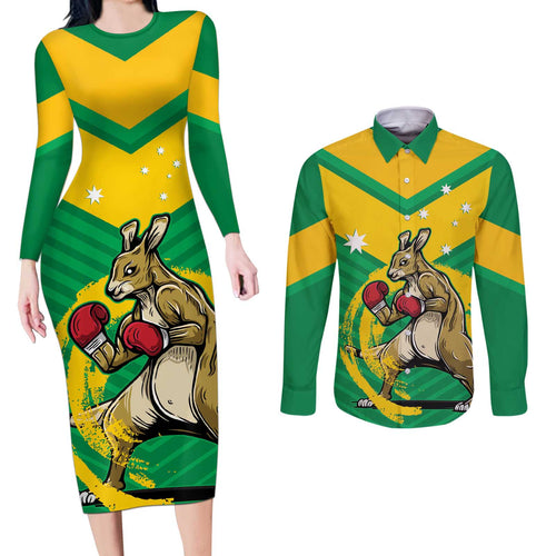 Personalised Australia Boxing Kangaroo Couples Matching Long Sleeve Bodycon Dress and Long Sleeve Button Shirt Aussie Pride National Color