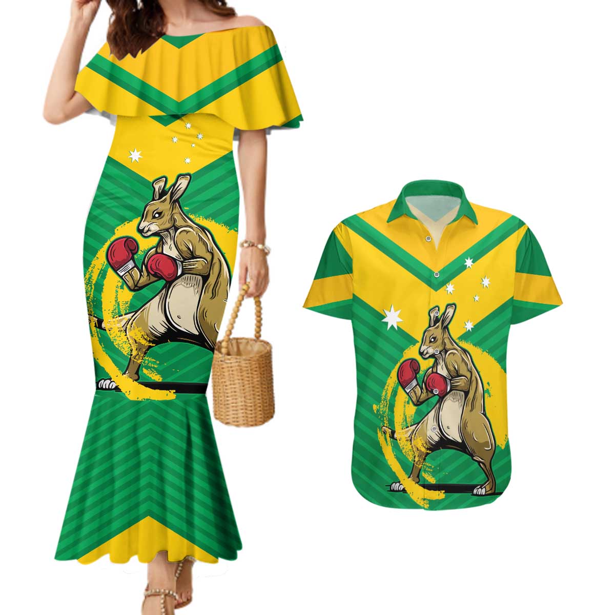 Personalised Australia Boxing Kangaroo Couples Matching Mermaid Dress and Hawaiian Shirt Aussie Pride National Color